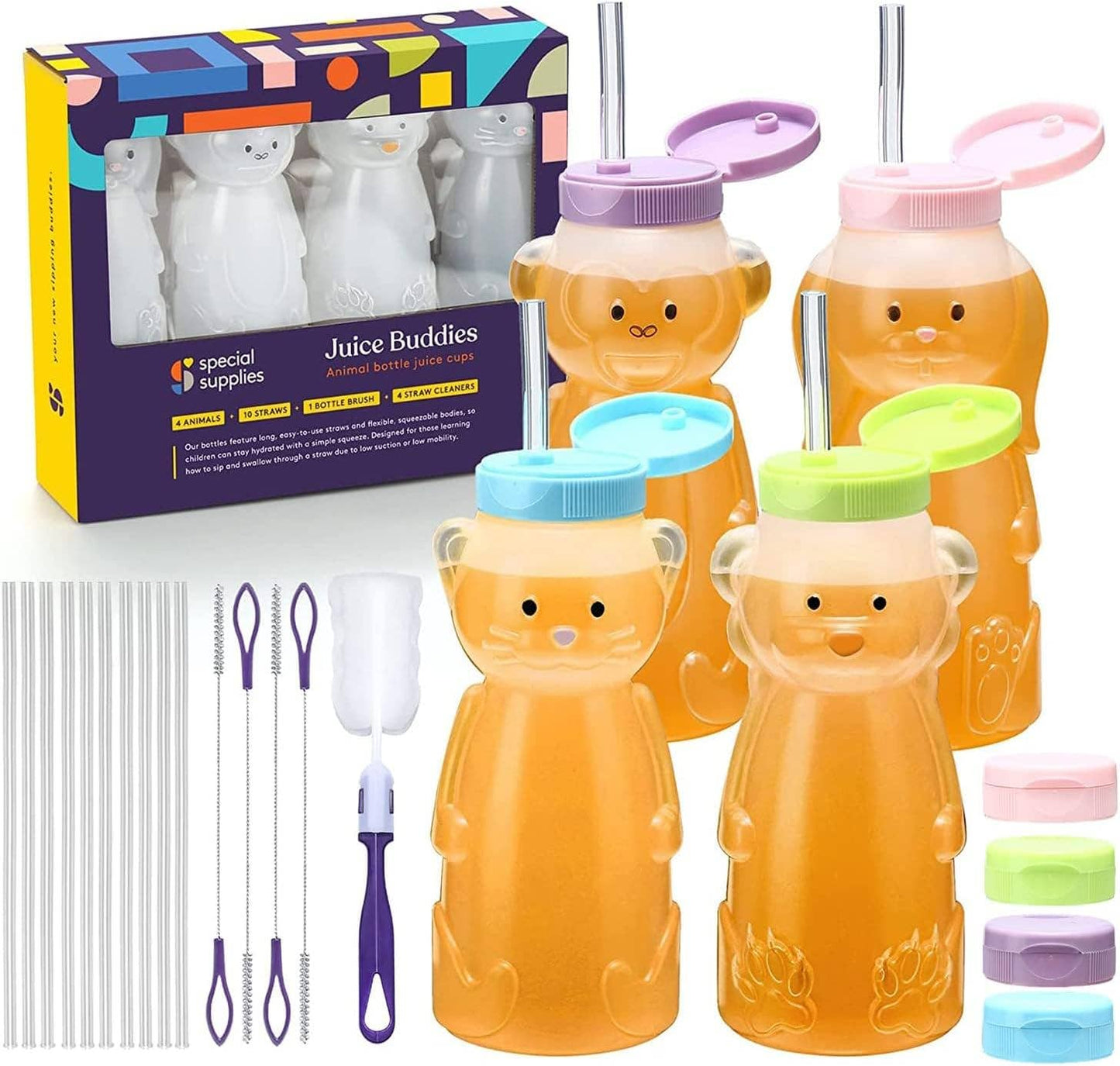 4-Pack Juice Buddies straw cup Long Straws, Squeezable Therapy and Special Needs Assistive Drink Container, Spill Proof and Leak Resistant Lid