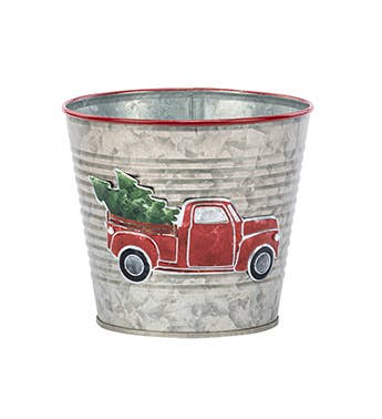 5" Metal Pot Cover Red Truck with Christmas Tree